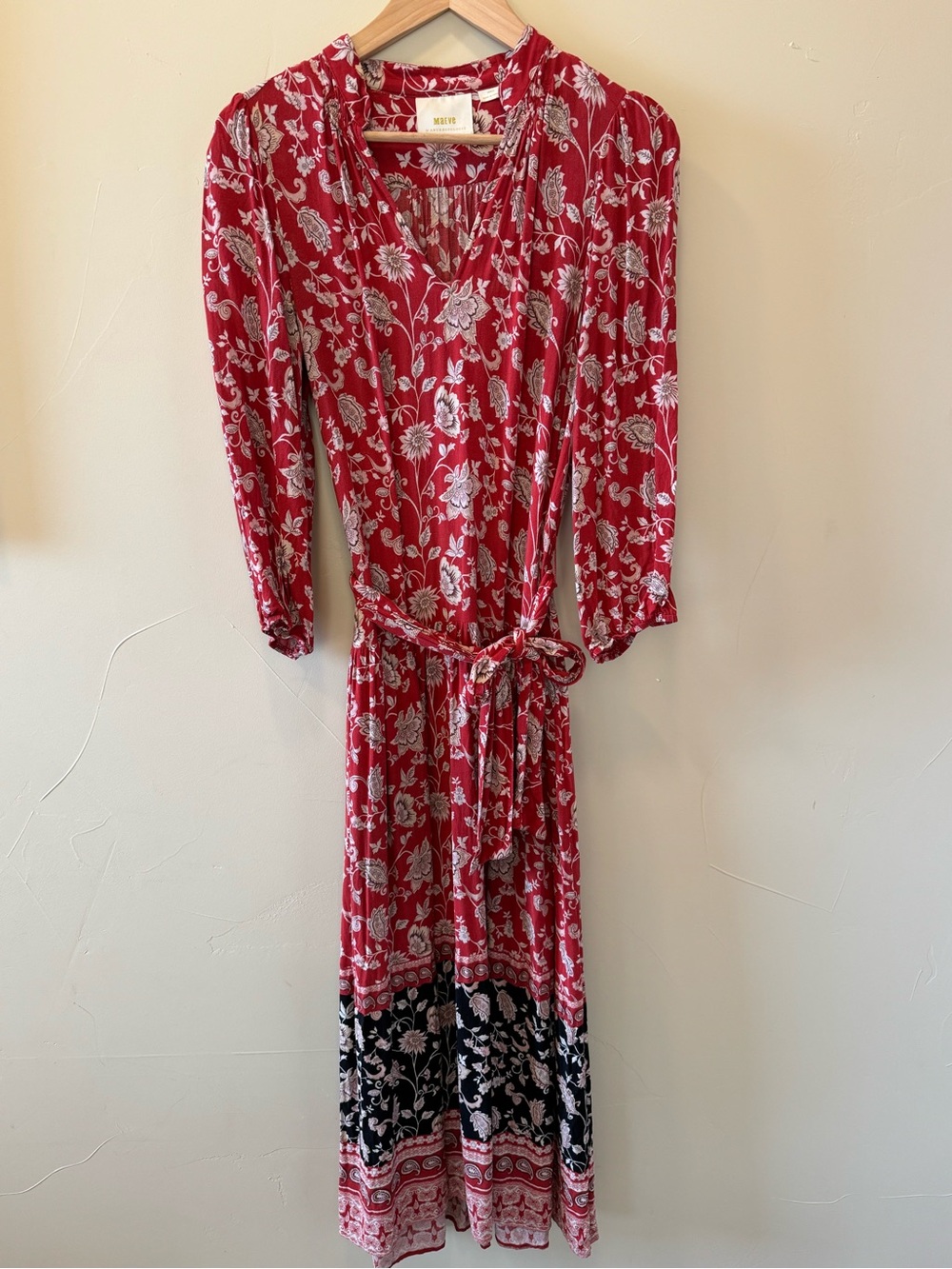 Anthropologie Maeve Melina Boho Red Black Floral Belted Maxi Dress Size S